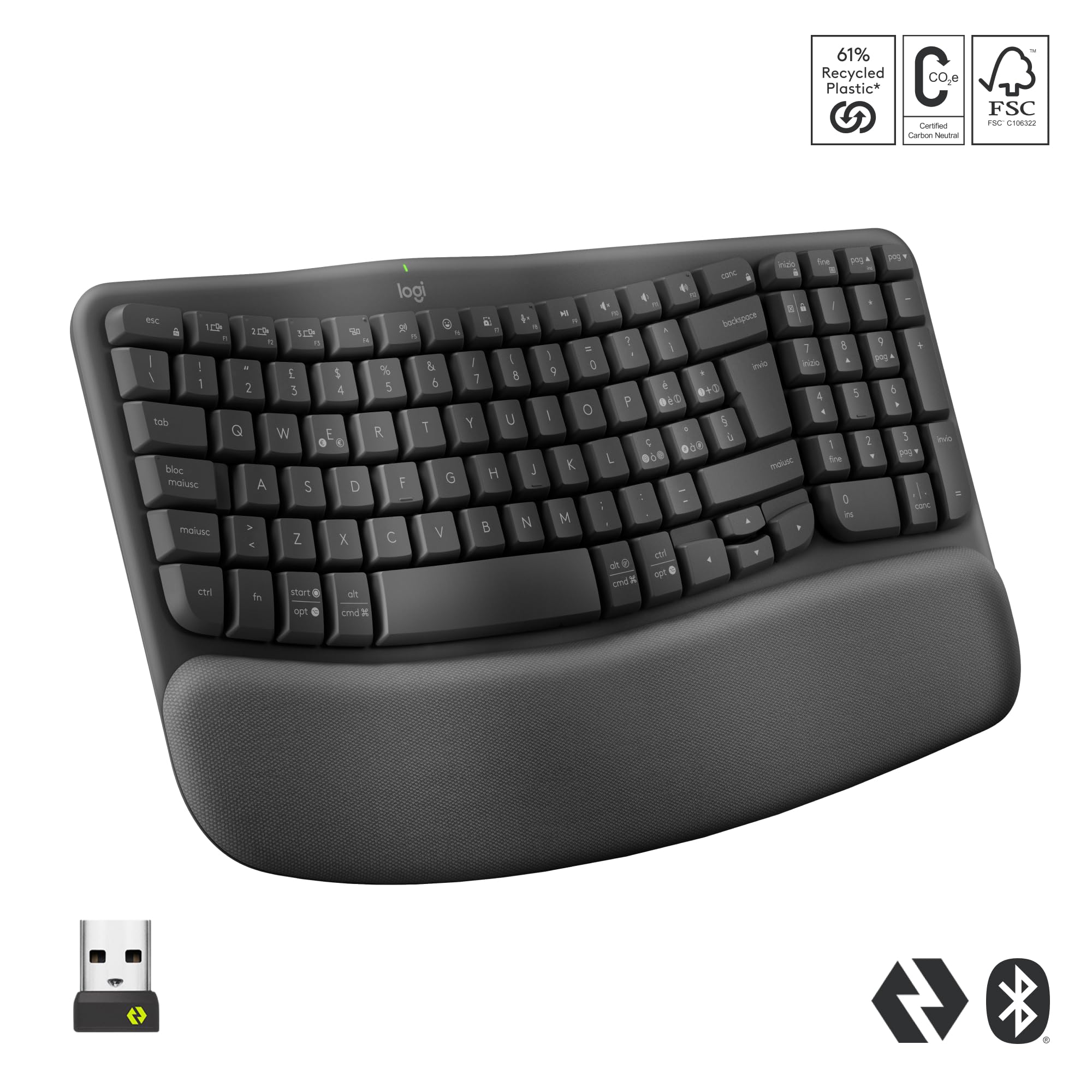 Logitech Wave Keys Tastiera Wireless Ergonomica con Supporto per i Polsi Imbottito & Desk Mat - Studio Series, Multifunzione, Tappetino per Mouse Esteso