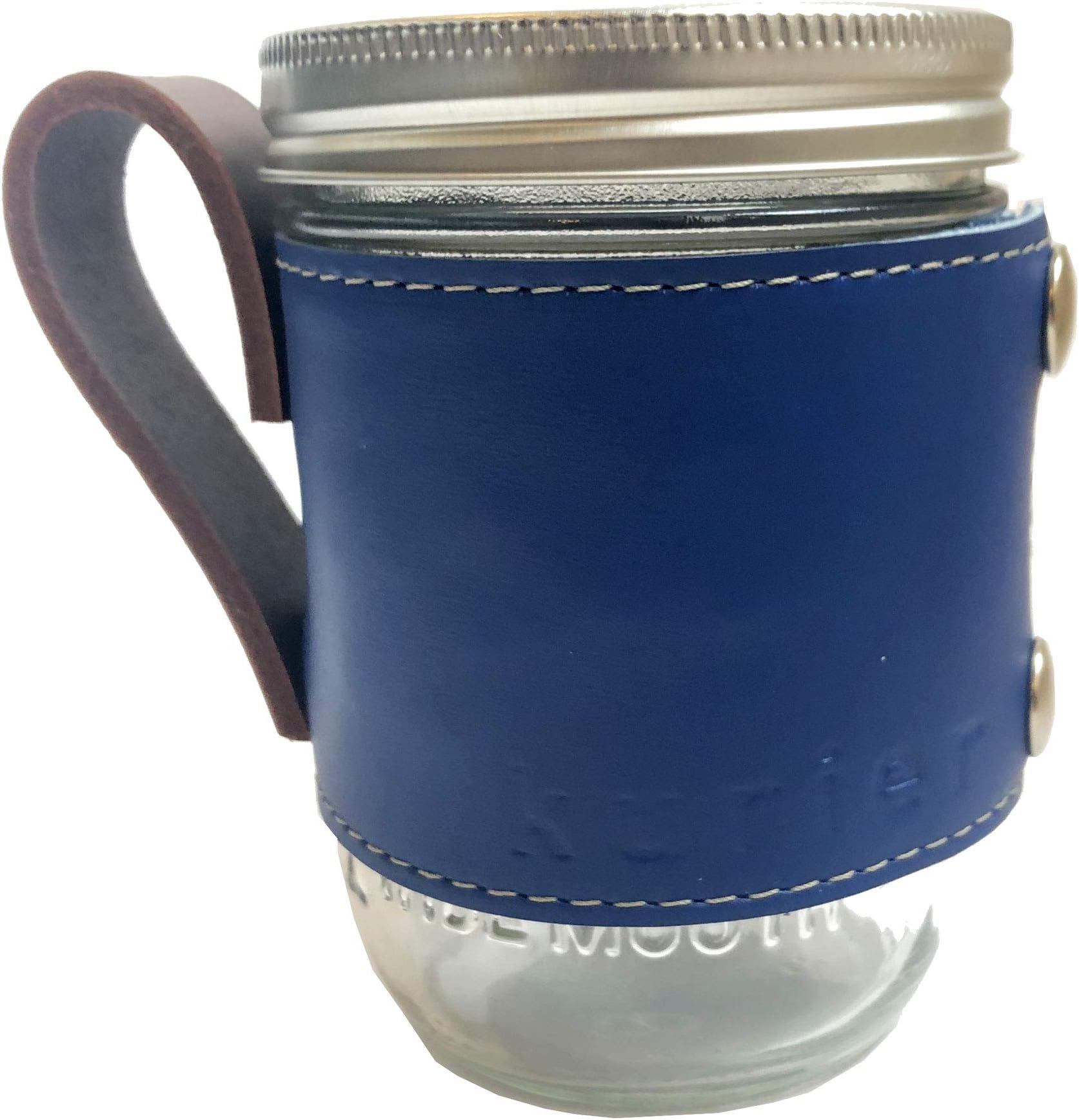 BLUE removable real Leather Camp Mug/mason ball canning travel coffee cup sleeve w/handle handmade in USA 16 oz. glass jar included