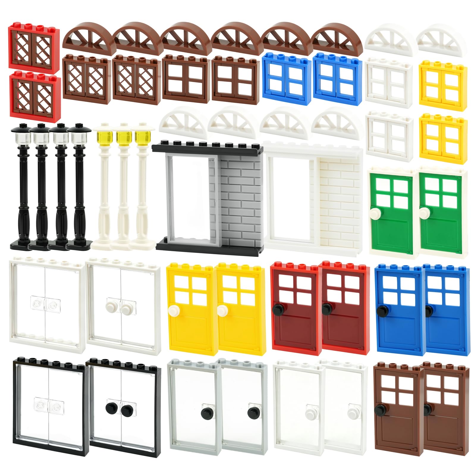 MALEKO Doors and Windows Accessories, 150+Pieces City House Bricks Parts Set, MOC Building Blocks Decoration-Sliding Doors Classic Windows Road Light-Compatible with Major Brands