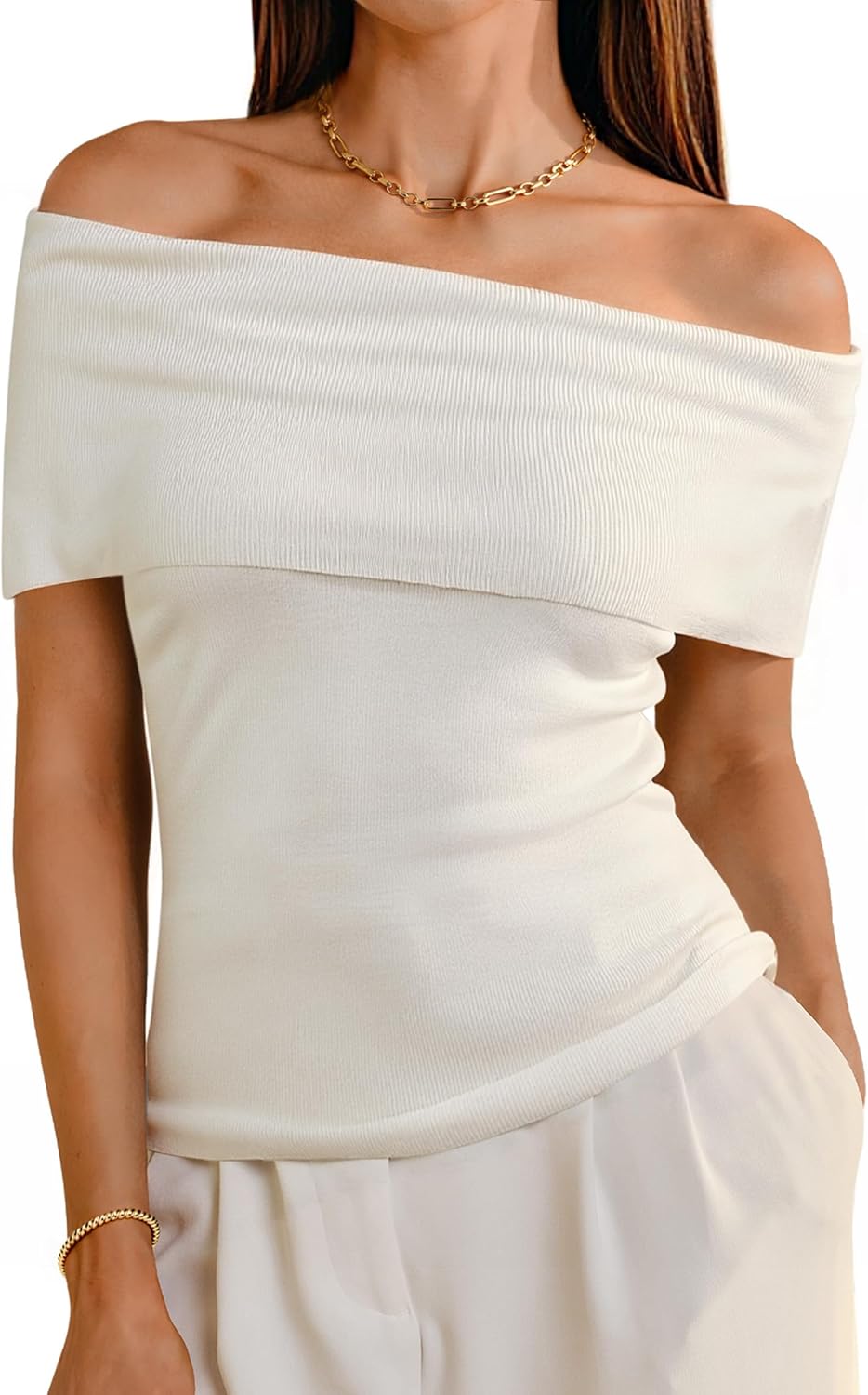 Arach&Cloz Women's Convertible Neckline Off-Shoulder Cowl Neck Slim Fit Tops 2025