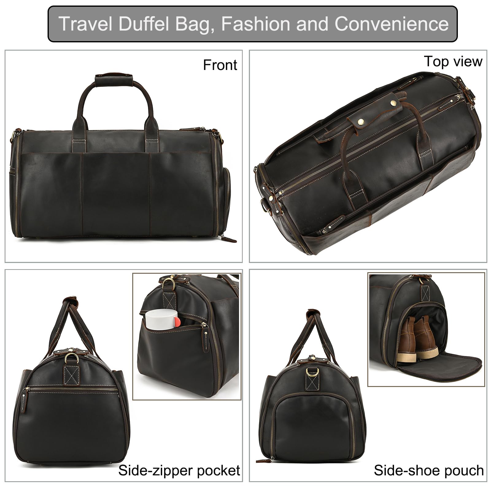 LUUFAN Borsa da viaggio in pelle pieno fiore Borsa porta abiti di grande capacità con scomparto per le scarpe, borse da viaggio Overnight Gym Sports Duffel Bags per gli uomini, marrone scuro