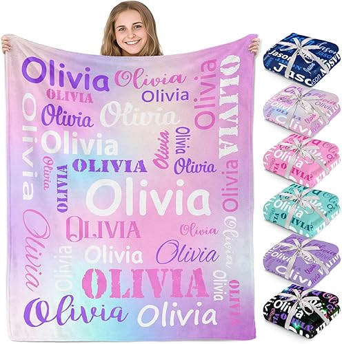 Miniatura 18 de Gudina Manta personalizada con nombre, manta con nombre personalizada para niños, personalizada para mujeres y hombres Rosa,Verde,Azul marino,Rosa