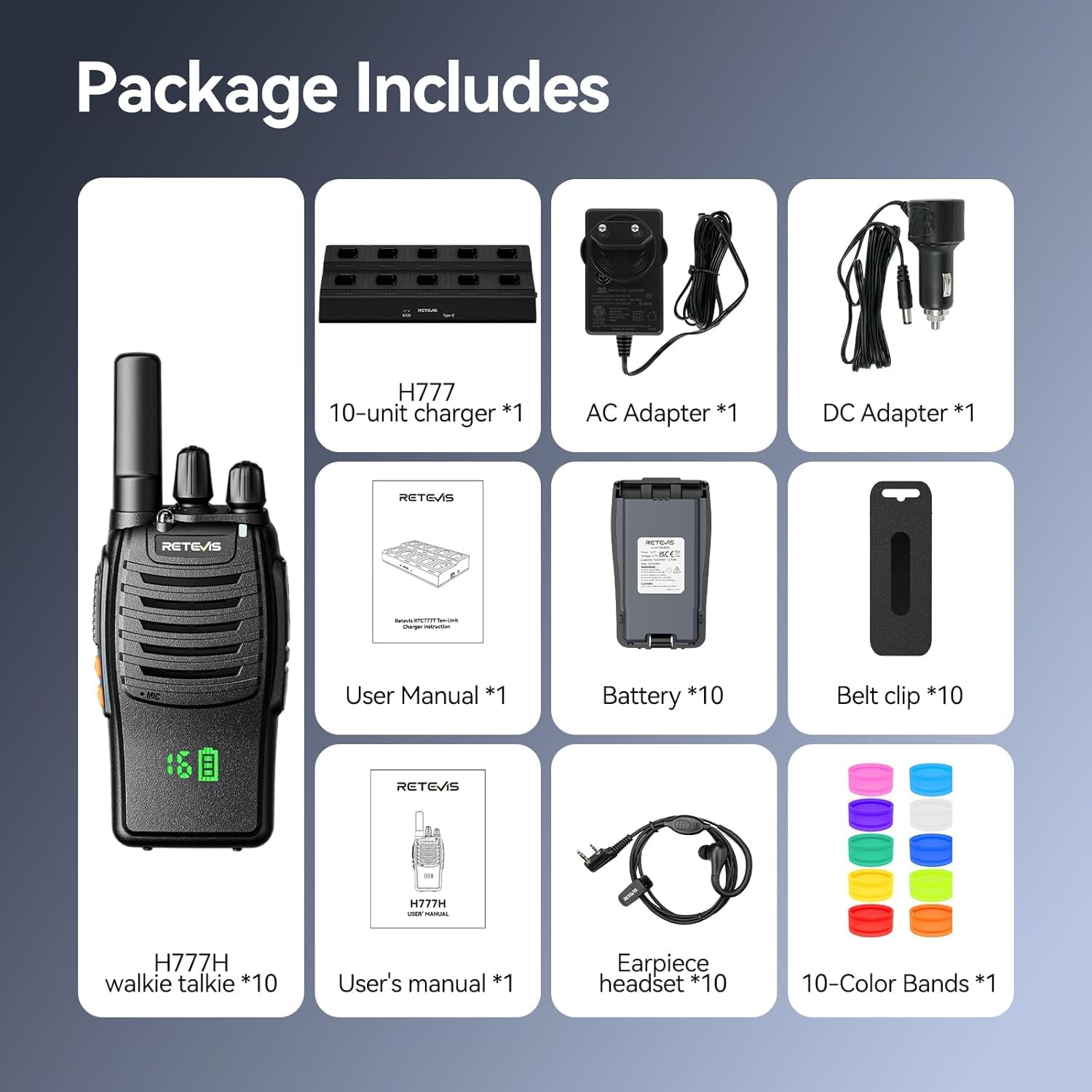 Retevis H777H Funkgerät, Funkgeräte mit Bildschirm,10-in-1 Ladegerät 10 STK | Lizenzfrei PMR Funkgerät mit Headset, Funkgeräte Reichweite für Sicherheit, Kommerziell