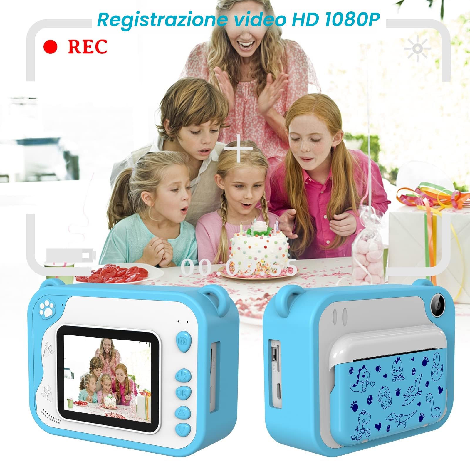 Ushining Macchina Fotografica Istantanea Bambini, 2,4 Pollici Fotocamera Istantanea Bambini, 12MP/1080P HD Videocamera con 32GB SD Scheda 3 Rotoli di Carta da Stampa 5 Penne Colorate, Blu