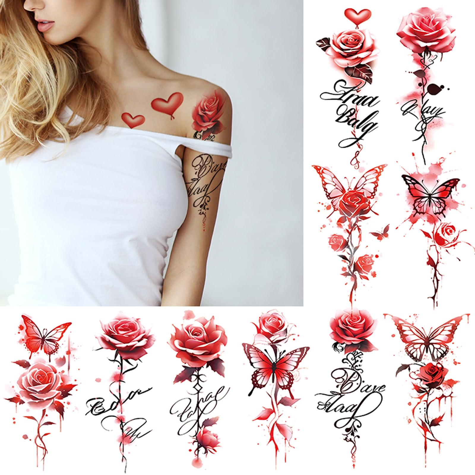 10 Sheets Flowers Temporary Tattoos, Red Rose Butterflies Long Lasting Tattoos Stickers, Watercolour Waterproof Tattoos, Sexy Floral Fake Tattoos for Women Girls Party Supplies Favors
