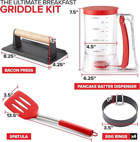 Miniatura 2 de Modern Innovations Kit de desayuno para parrilla, dispensador de masa para panqueques para plancha, prensa de parrilla de hierro fundido para