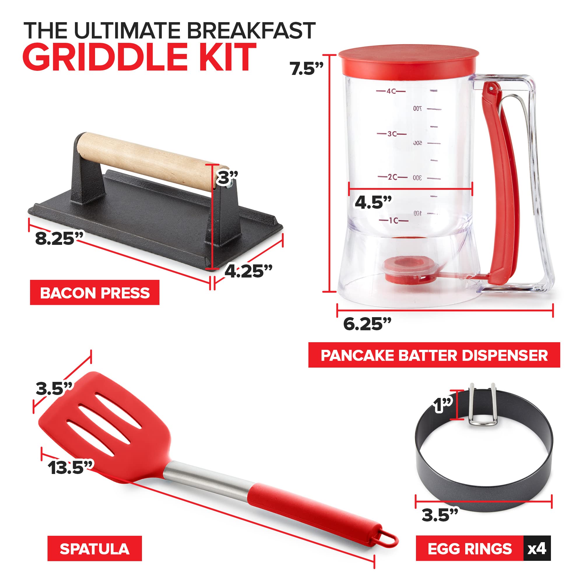 Modern Innovations Akcesoria do zestawu śniadaniowego do grilla – dozownik do ciasta naleśnikowego do grilla, żeliwna prasa do bekonu, 4 pierścienie do jajek/foremek do naleśników i szpatułki,