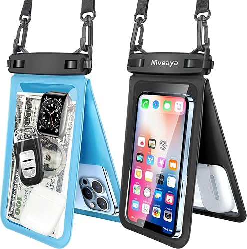 Niveaya Bolsa impermeable para teléfono doble espacio, paquete de 2, funda impermeable con cordón para iPhone 1615141312 Pro Max de hasta 8.3