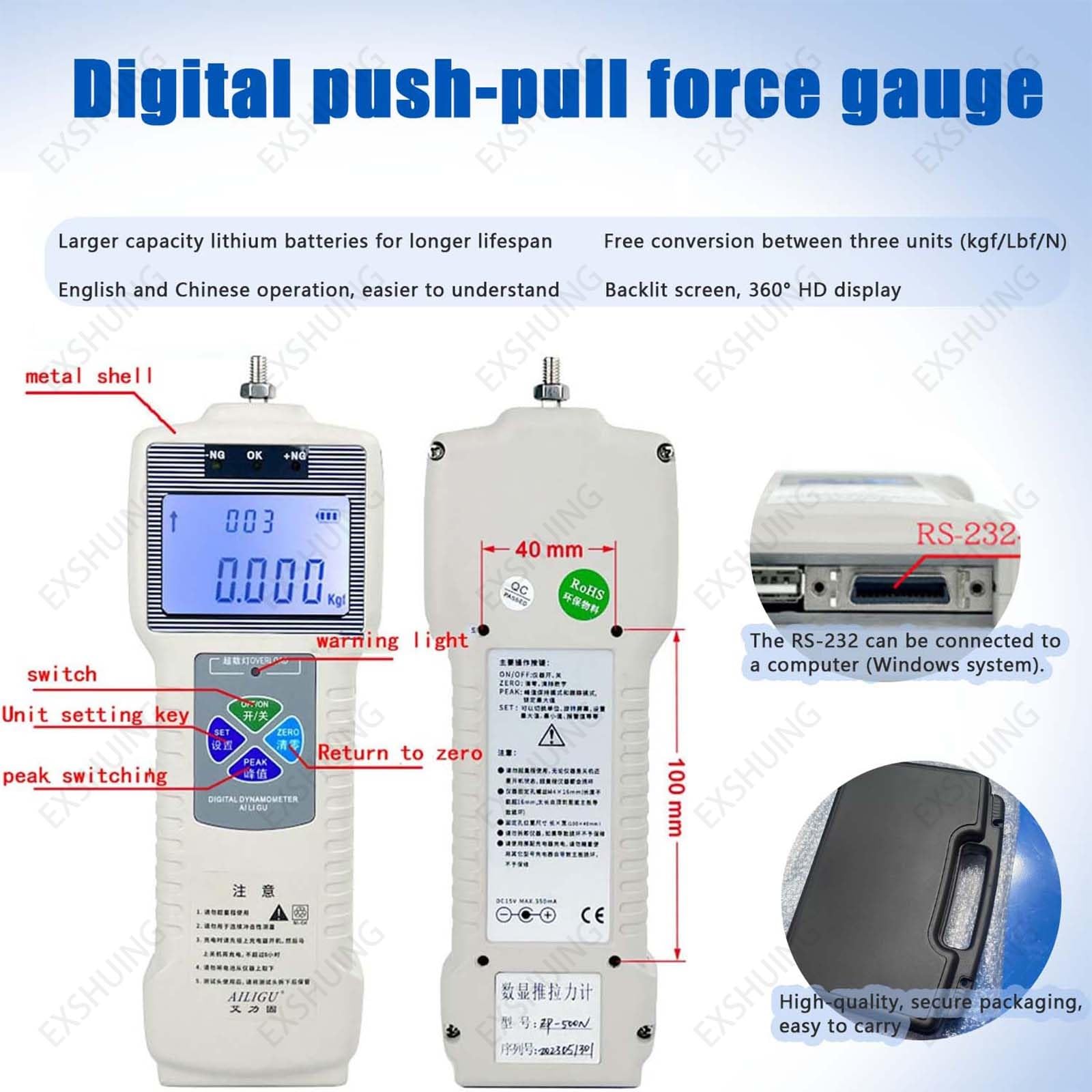 Digitale Zugprüfmaschine Mit Manuellem Kraftmessständer, Inklusive 5 Sonden Für Zug- Und Druckversuche, 270 Mm Hub, 10–2000 N, Für Bruchpunktversuche(With ruler,2000N)