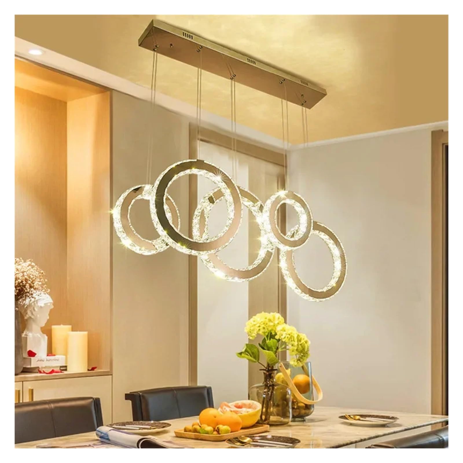 MESOVFCA Modern Luxury Crystal Round Long LED Chandelier for Dining Room Living Room,Warm Atmosphere