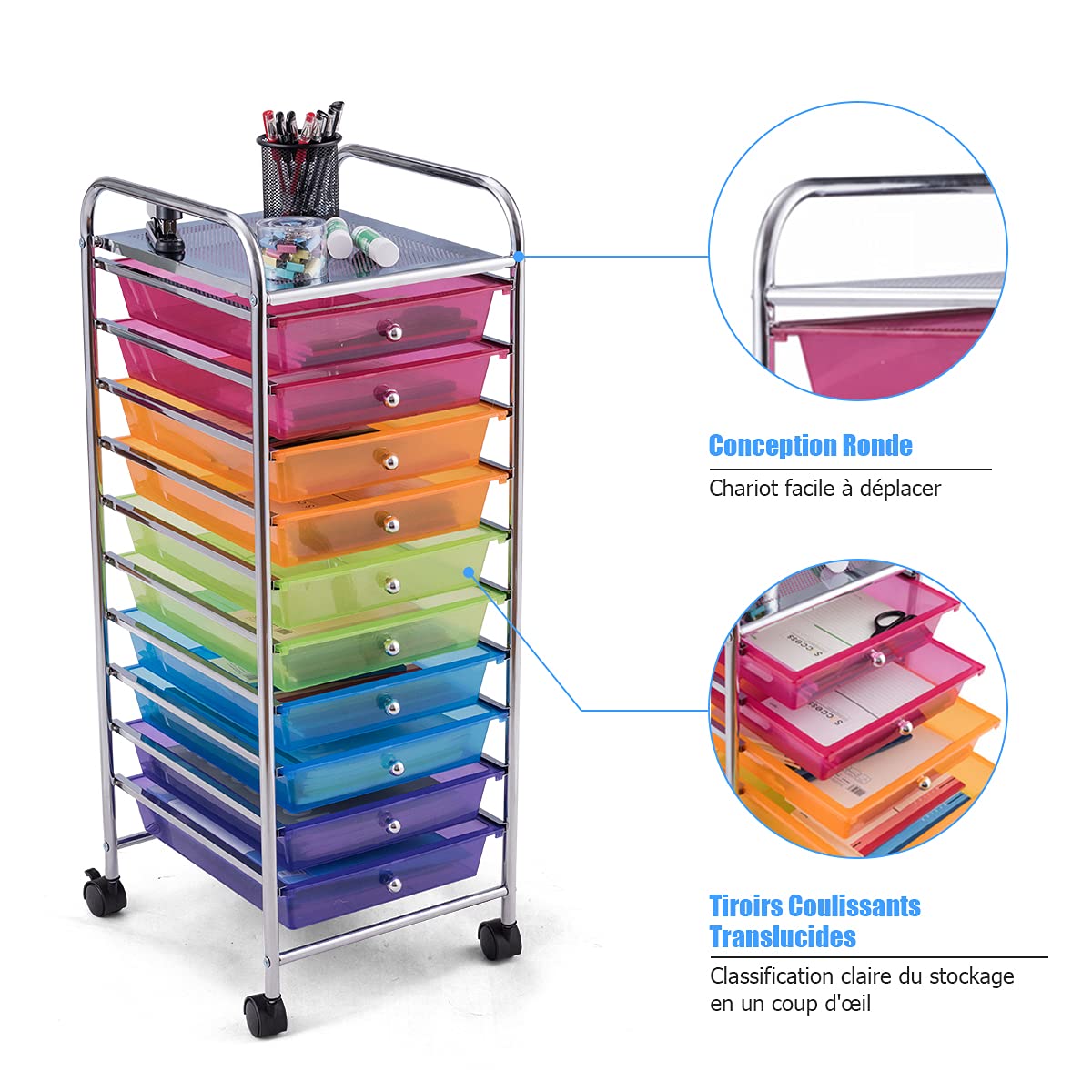 DREAMADE Chariot de Rangement,Desserte à Roulettes,Tour de Rangement en Métal avec 10 Tiroirs,1 Tablette,4 Roues et 2 Freins pour Salon,Chambre,Bureau,Dortoir 32,5 x 37 x 86CM (Coloré)