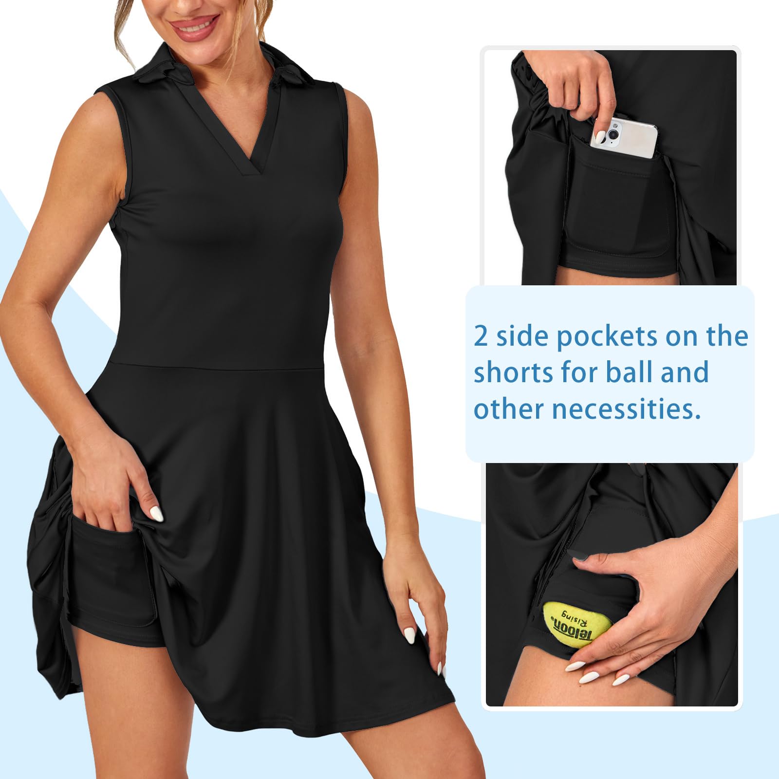 Vestido Tenis Mujer Deportivo con Pantalones Cortos Vestido Polo Bolsillos Golf sin Mangas Línea A Atléticos