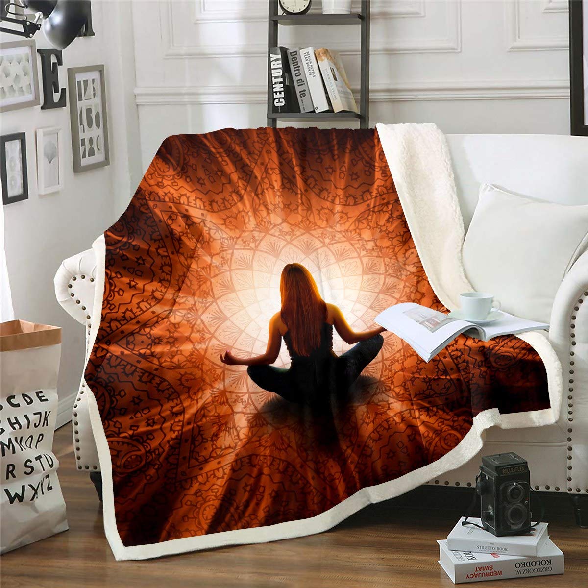 Loussiesd Women Chakra Fleece Sherpa Blanket for Sofa Couch Zen Spiritual Plush Throw Blanket Boho Mandala Fuzzy Blanket Room Decor Brown Bohemian Style Flannel Blanket Single 50"x60"
