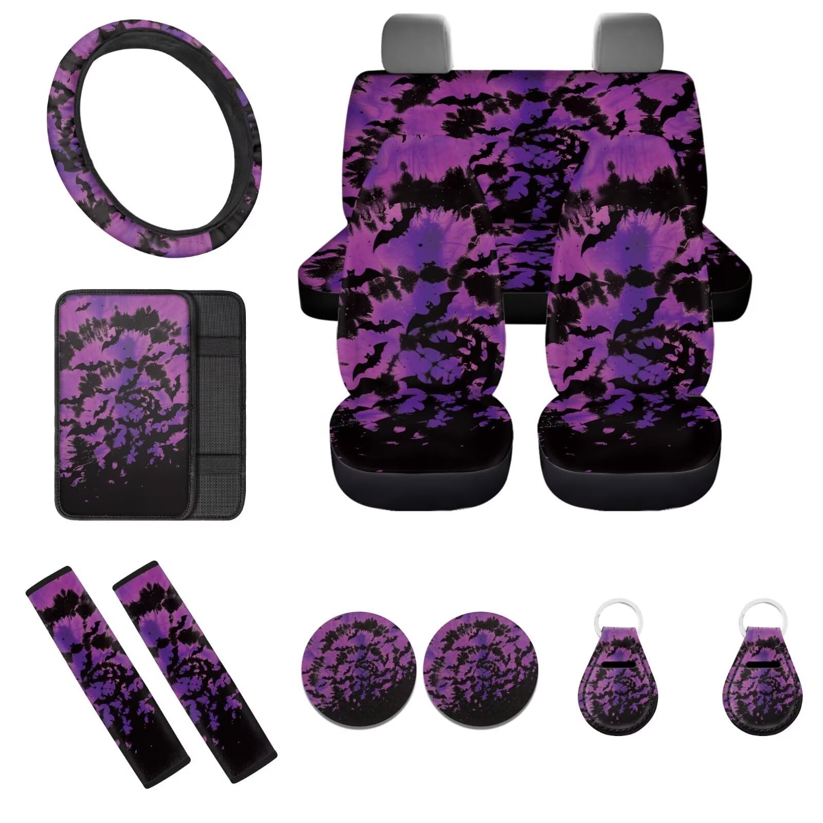 Set completo di 12 coprisedili per auto, motivo pipistrello, coprivolante + sottobicchiere + portachiavi + braccioli imbottiti, per donne e uomini, universale, per interni automobilistici,