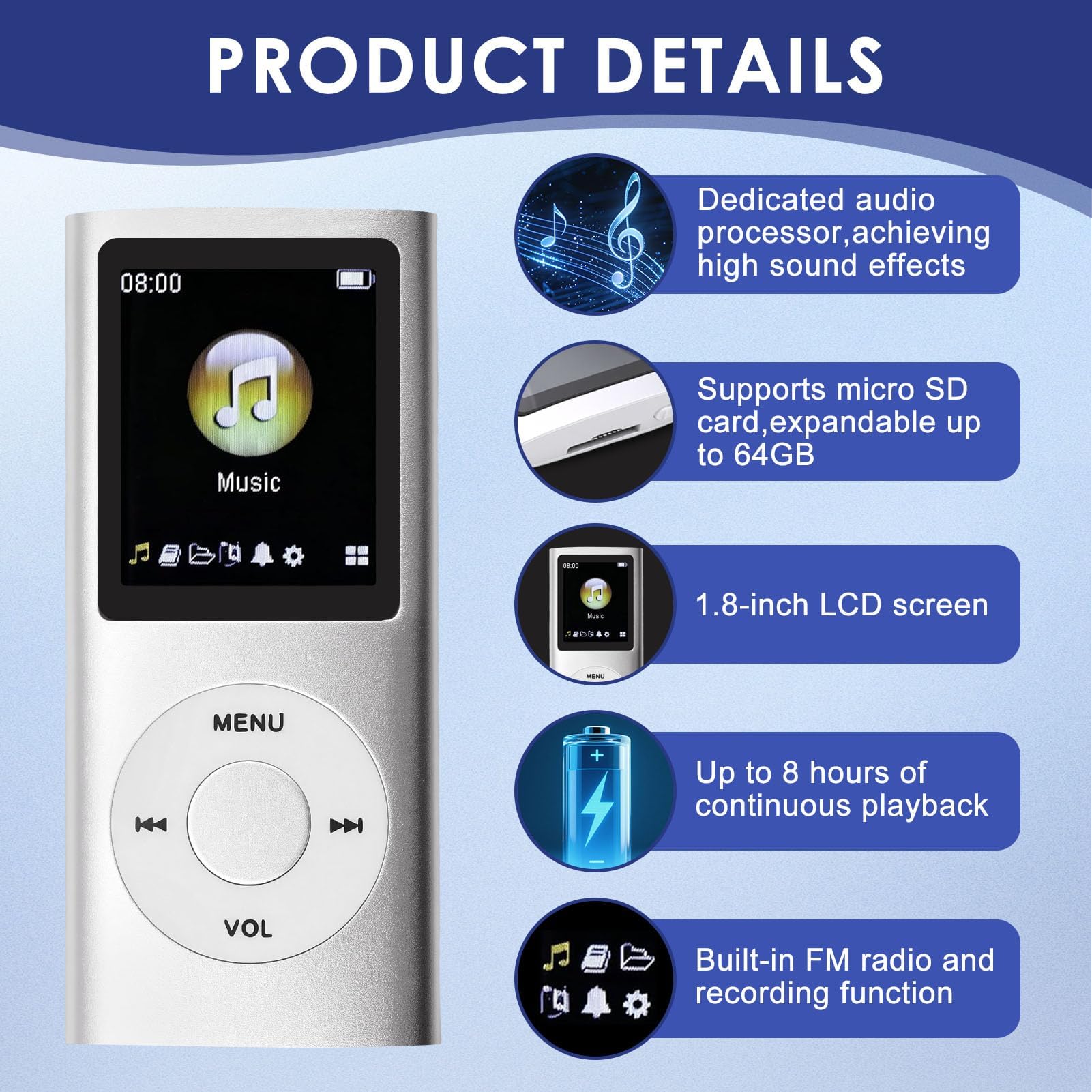 MP3/MP4-Player Unterstützt Bis zu 64 GB TF-Karte Tragbarer MP3 Musik Player 1.8 Zoll LCD Bildschirm Audio Player Media Player FM Radio mit Verlustfreiem Sound für Reisen, Fitnessstudios und Büros
