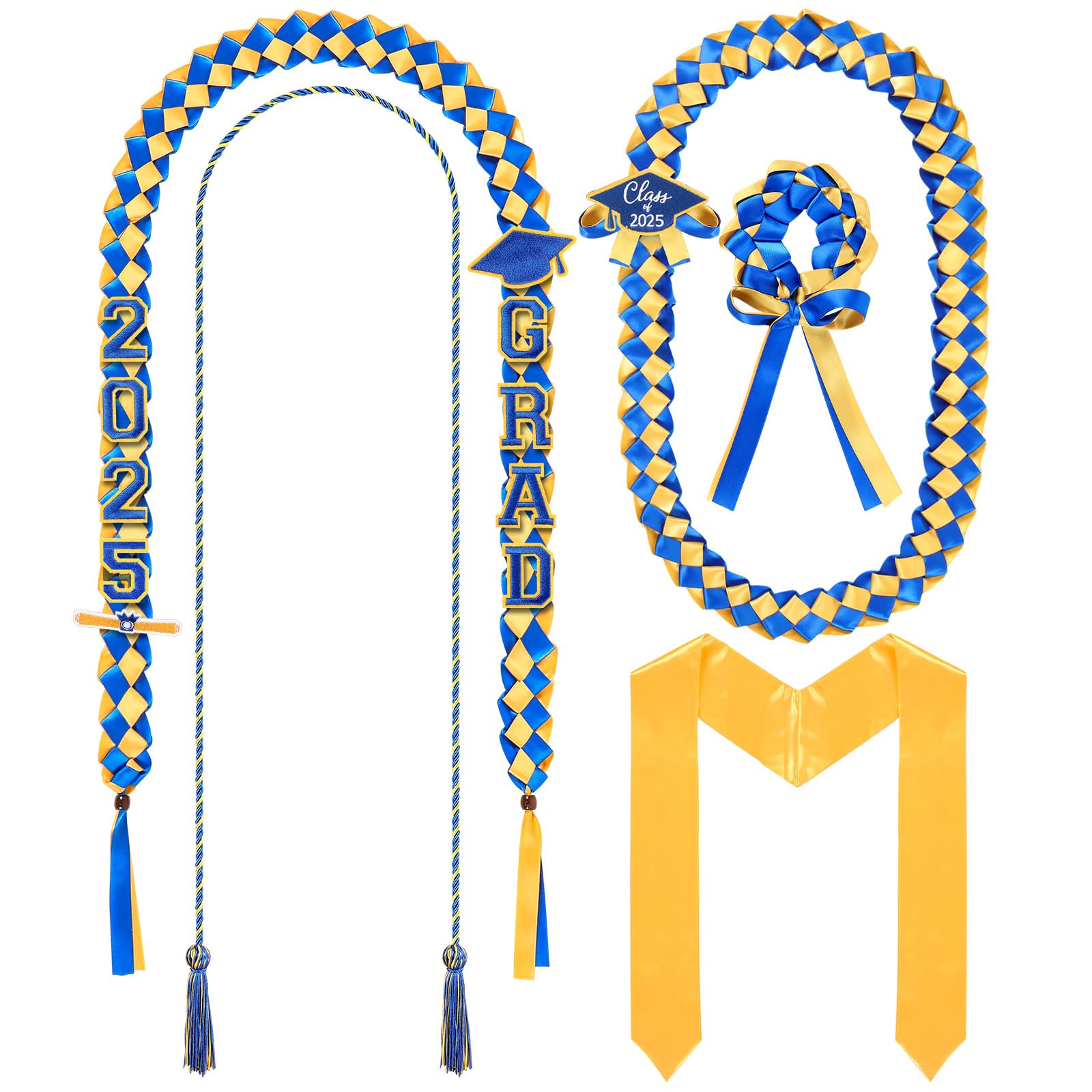 Canlierr 18 Pcs Graduation Leis and Stole and Honor Cords 2025 Braided Necklace Adjustable for Student Graduation Gifts Party Supplies(Blue and Gold)