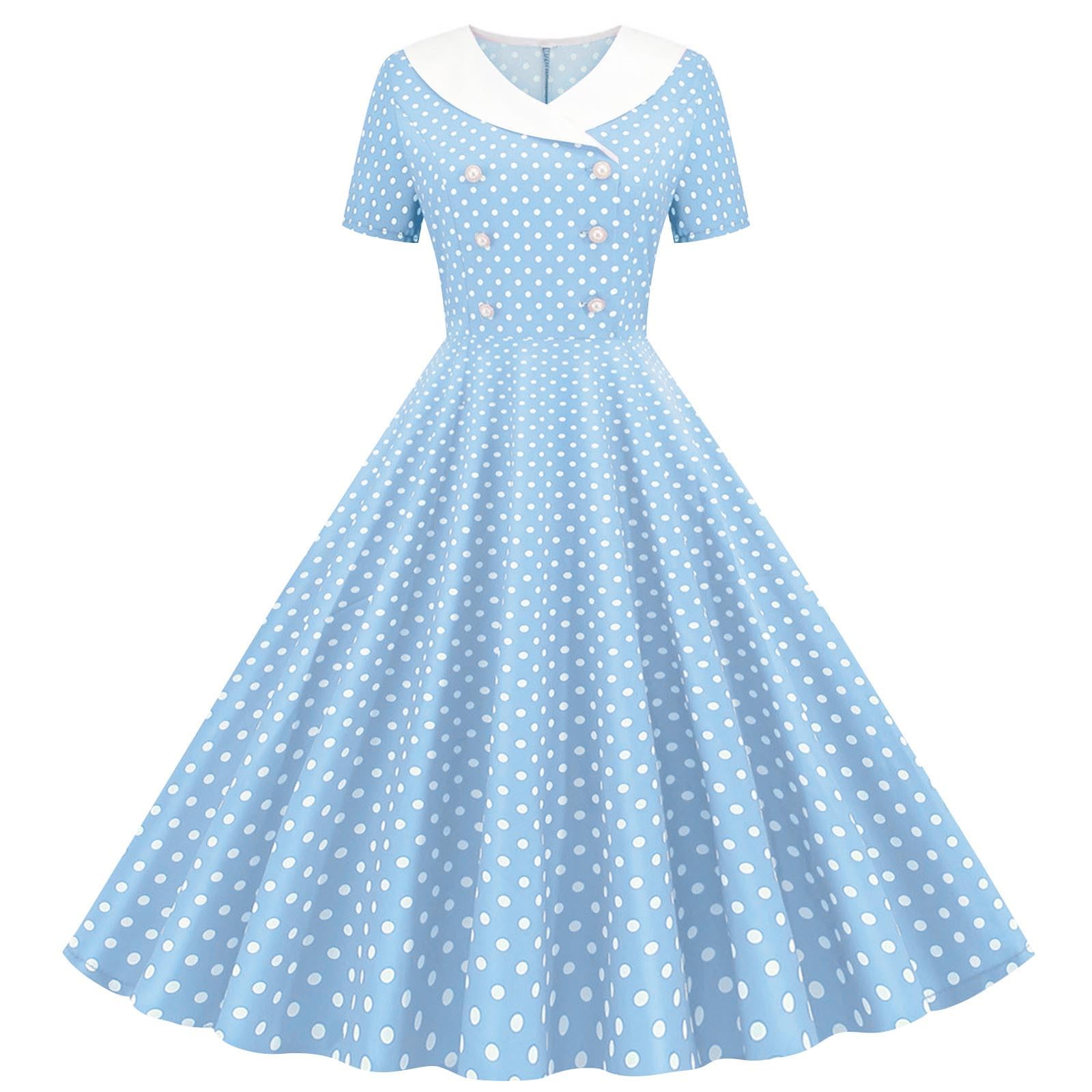 Women 1950s Vintage Short Sleeve Peter Pan Collar Retro Swing A Line Midi Dress Cocktail Party Evening Prom Gown