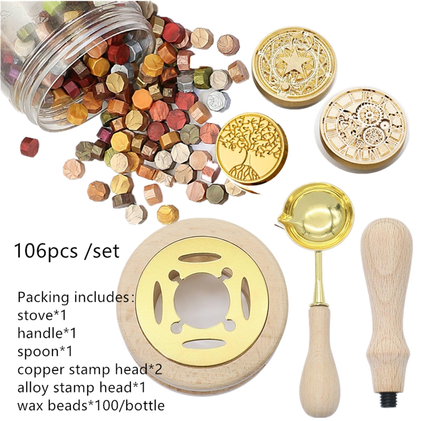 Ceralacca Kit Timbro Sigillo Di Ceralacca | Set di perline sigillanti teste, cucchiaio e fornello for buste regalo artigianali(106pcs set)