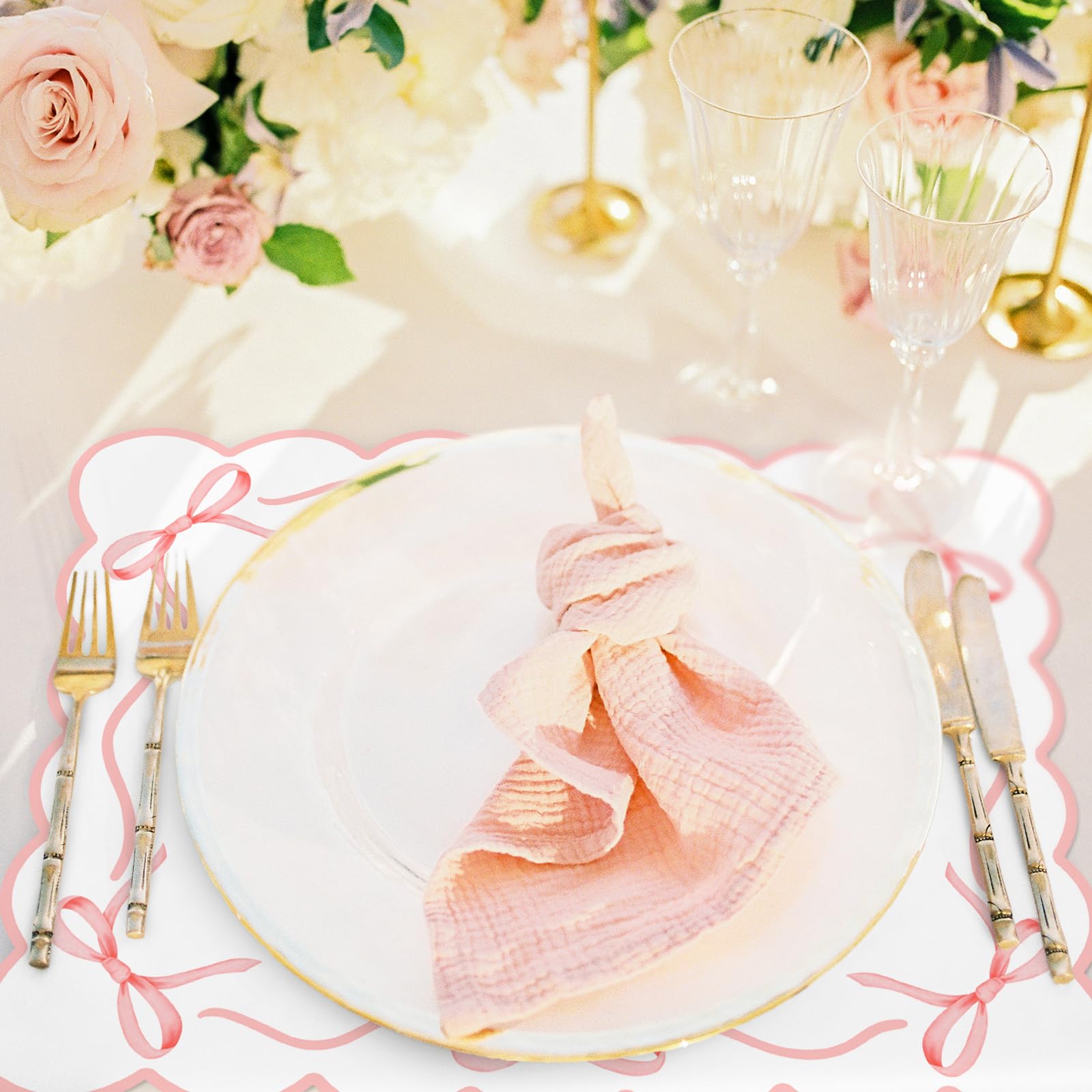 JarThenaAMCS 50 hojas de mantel individual de papel con lazo rosa festoneado con lazo, bonito mantel individual desechable para mesa de cena de despedida de soltera, 16.5 x 12.9 pulgadas
