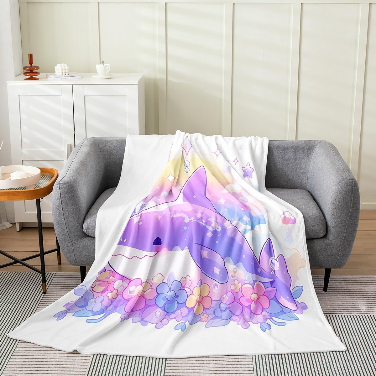 Kawaii Shark Flannel Blanket Lightweight,Watercolor Purple Shark Cartoon Flowers Leaves Fuzzy Warm Blanket for Boys Girls,Cute Starfish Bubble Dreamy Sealife Bed Sofa Couch Blankets Queen 90"x90"