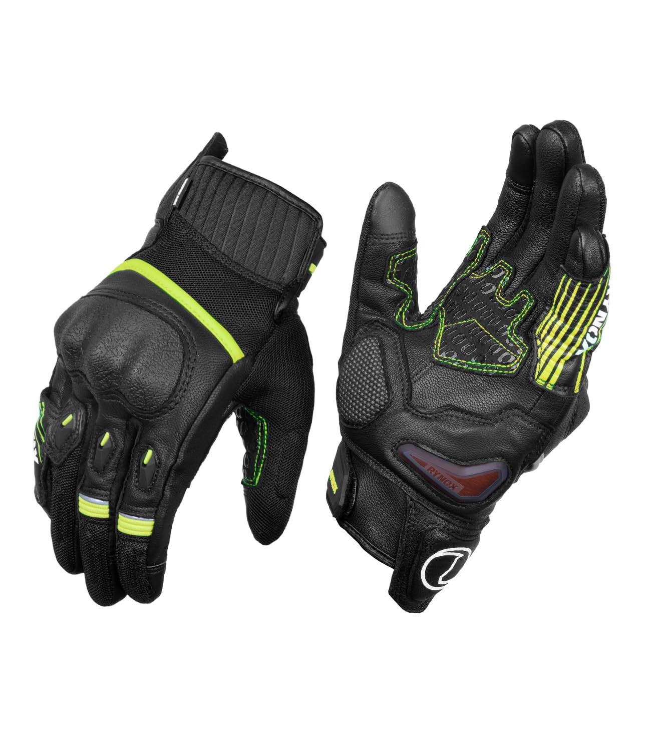 Rynox Tornado Pro 4 Gloves – Motorcycle Riding Leather Gloves | Carbon Edition | Impact Protection | Abrasion Resistance | Fast-R Carpus Bone Protector - Black Hi-Viz Green, XL