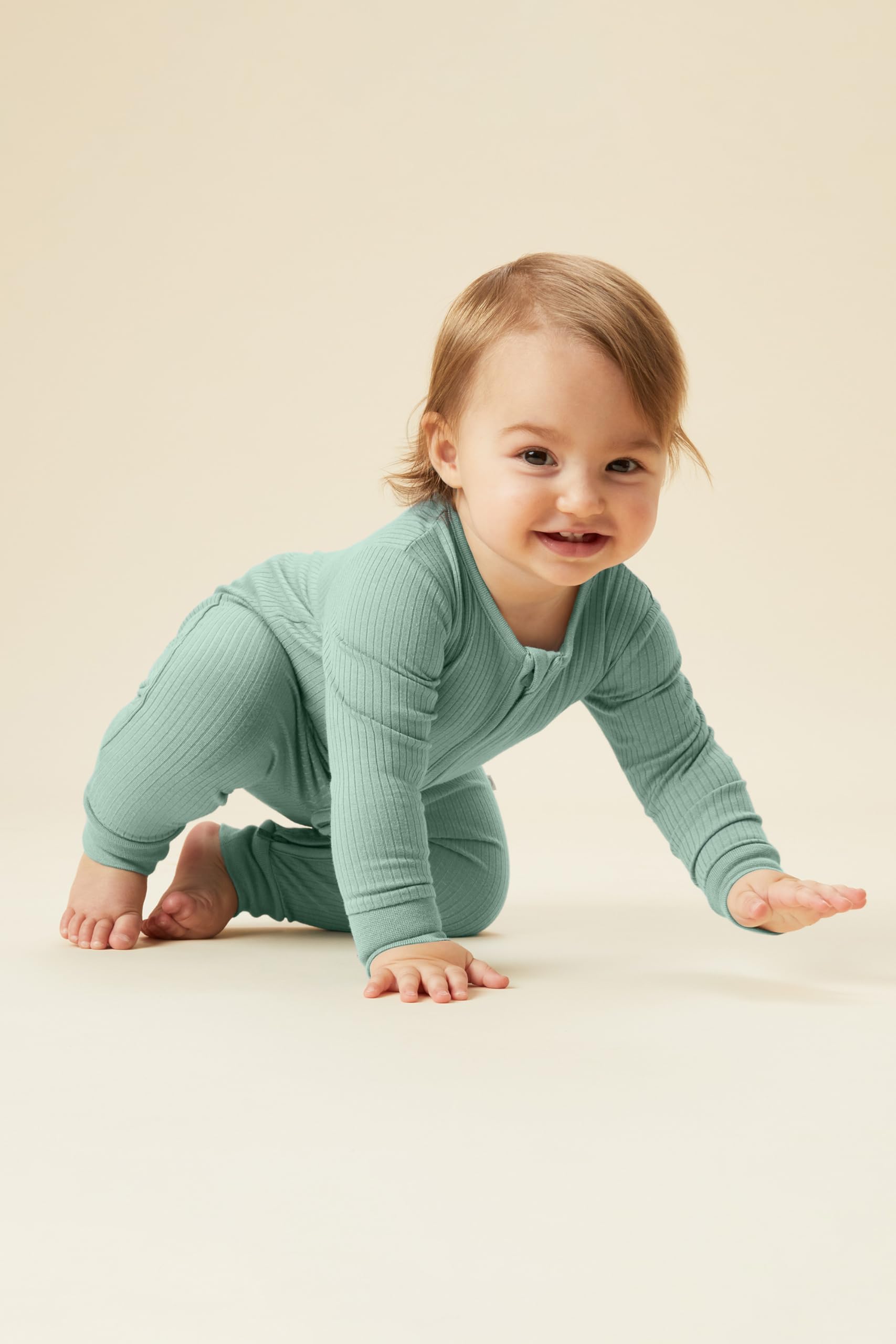 MORI Pelele Clever de canalé con cremallera bidireccional unisex para bebé en color menta - Ropa de dormir cómoda de bambú y algodón orgánico - Pijama para niño pequeño con diseño de pies - Recién nac