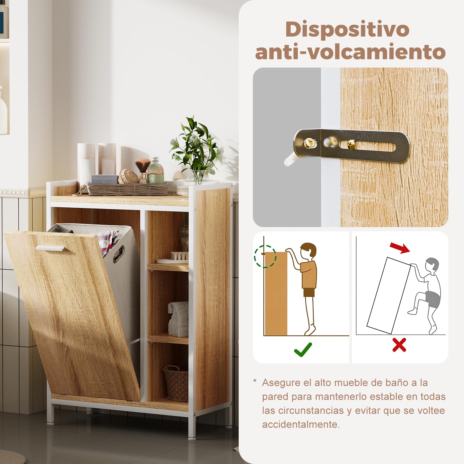 ELUCHANG Armario de Baño con Cesto Ropa Sucia 50L, Mueble de Baño 2 en 1 con 3 Divisiones Ajustables, Bolsa Extraíble Lavable, para Baño y Lavadero, 63x30x91cm, Roble Claro + Blanco