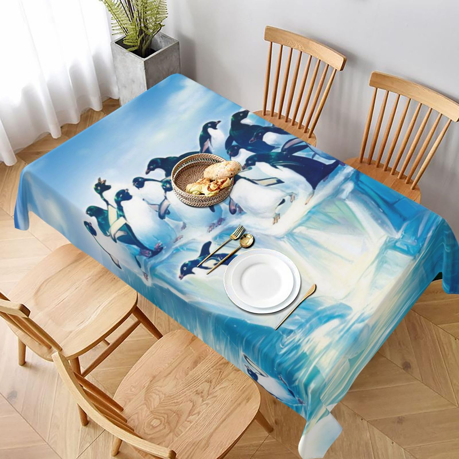 BNVSADC Penguins on Iceberg Printed Rectangle Tablecloth 228x152 CM, Water Resistant Polyester Table Cloth Decorative Fabric Table Covers for Kitchen Dining Table Parties Camping