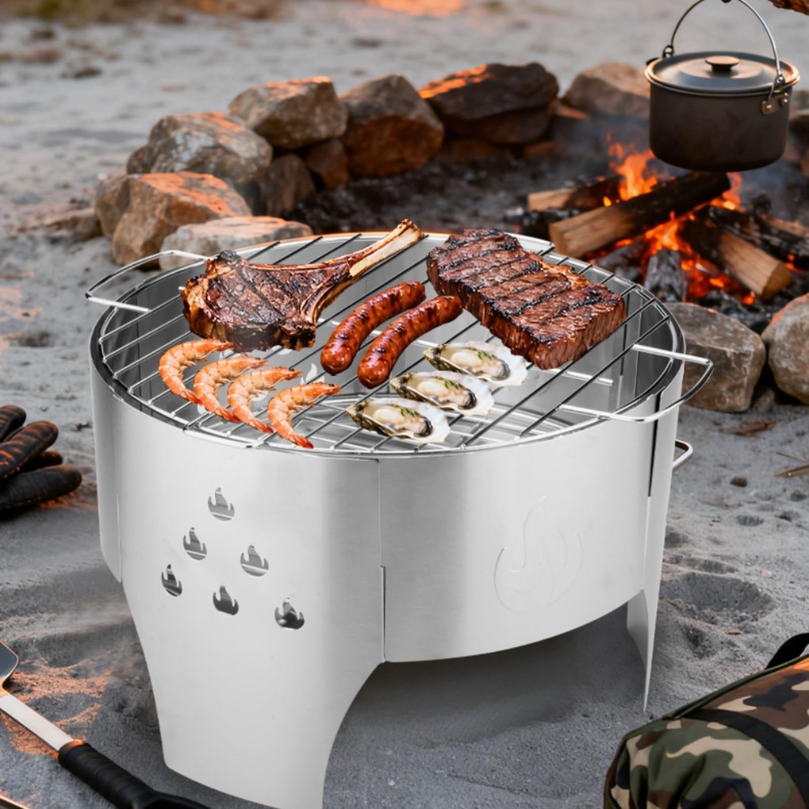 Griglia portatile in acciaio inox, per barbecue da 40 cm, leggera, con borsa per il trasporto, braciere multifunzione a legna e carbone per campeggio all'aperto e feste in giardino, argento