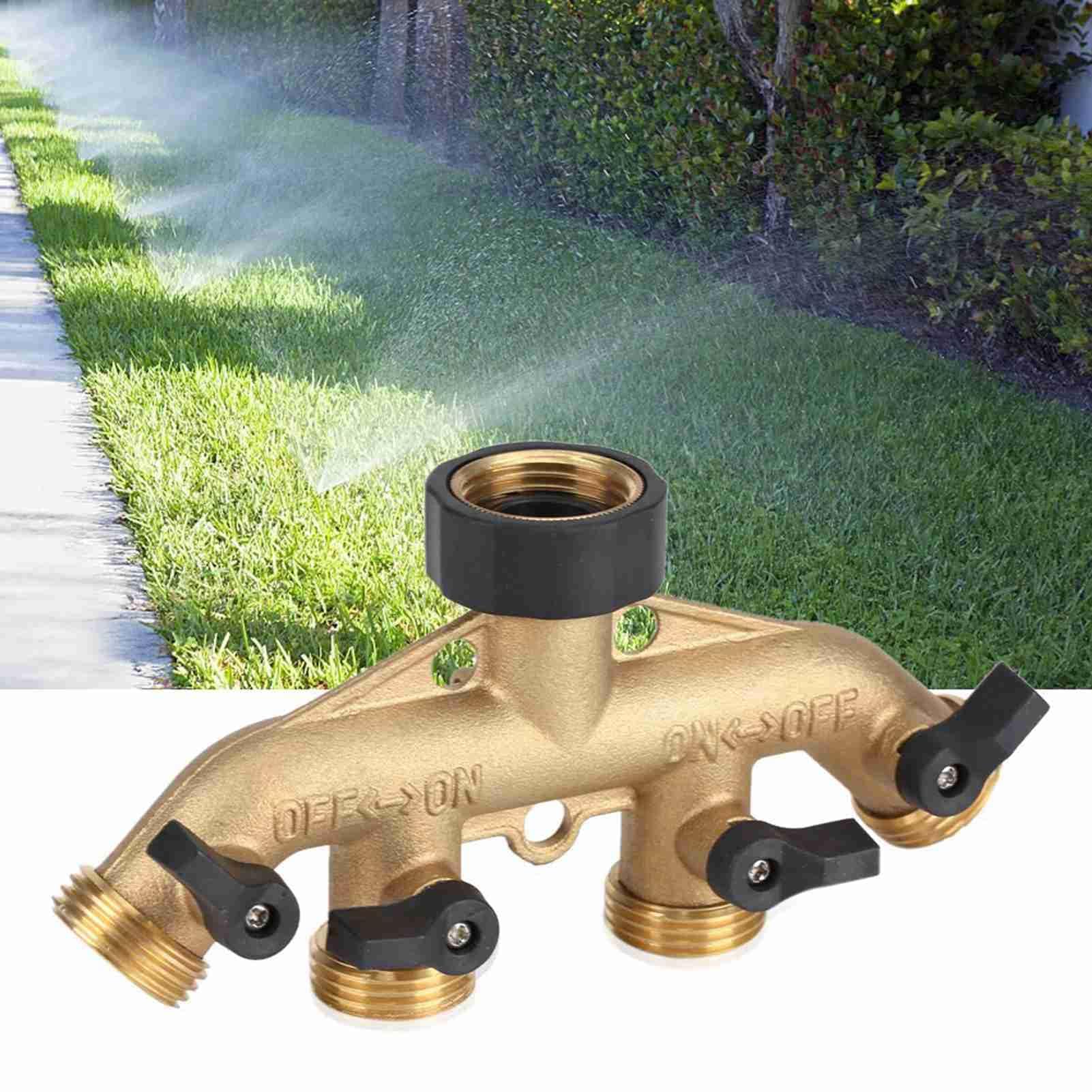 Zerodis Splitter Rubinetto Giardino 4 Vie in Ottone 3/4 Pollici, Divisore Acqua con Controllo Flusso Regolabile, Adattatore Irrigazione Giardino Dorato e Nero per Annaffiamento Esterno