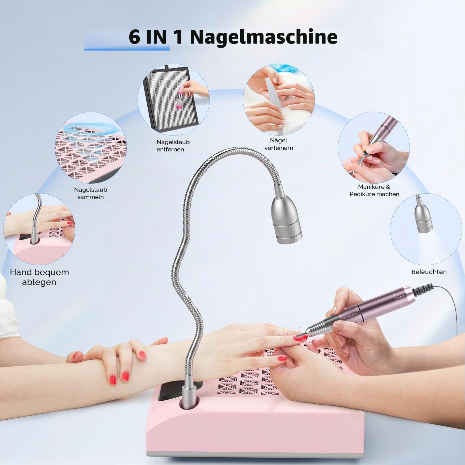 4 in 1 elektrische Nagelbohrer, 30000 U / min professioneller Nagelstaubkollektor 80W leistungsstarkes Vakuum, 6W rotatable LED -Licht niedriges Geräusch mit 3 Dateien für Salon Home Use (Pink)