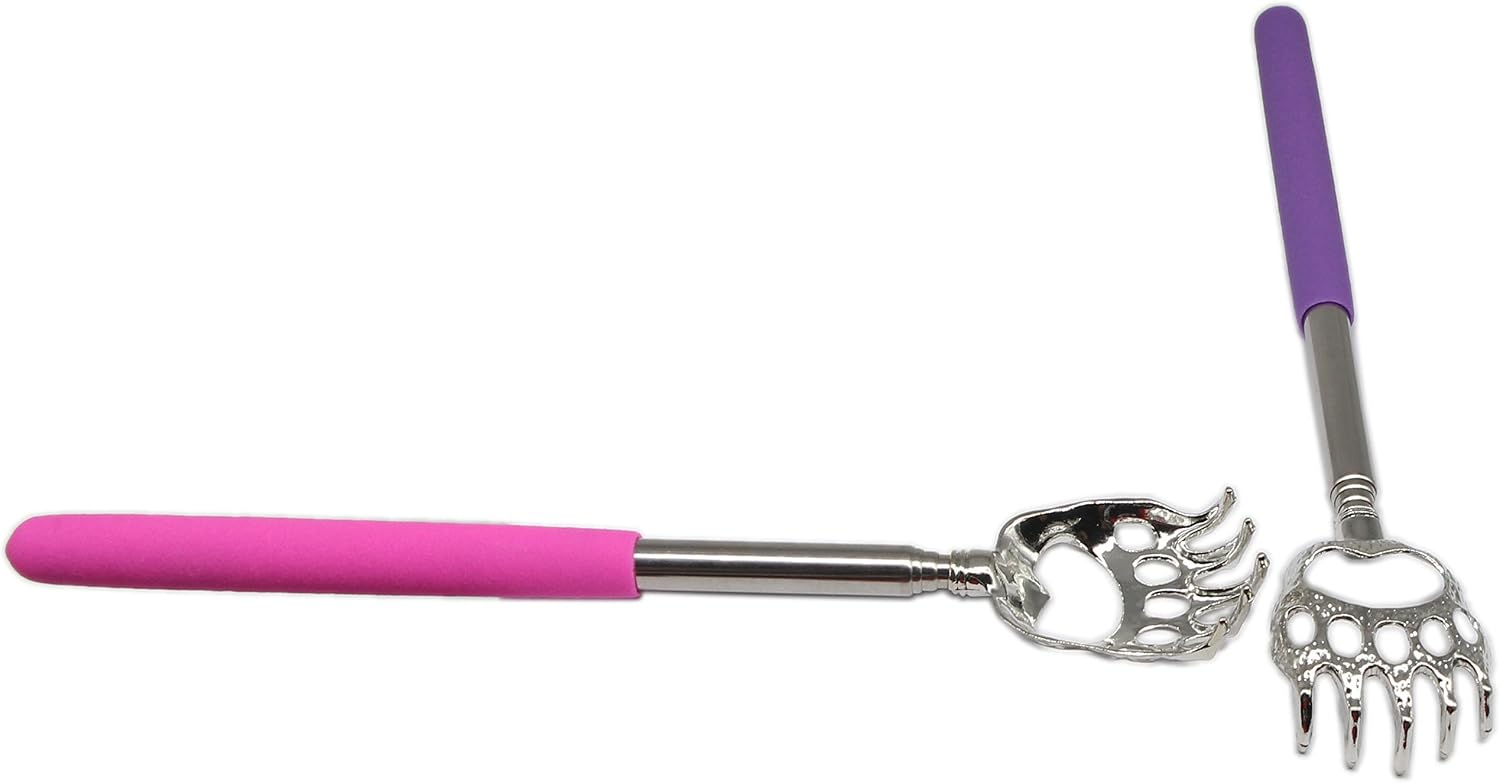 SinLoon(2- Pack Extendable Telescopic Scratcher Handle, Bear Claws Metal Back Scratchers/Hand Massager/backslap with Rubber Handles(Purple and Pink