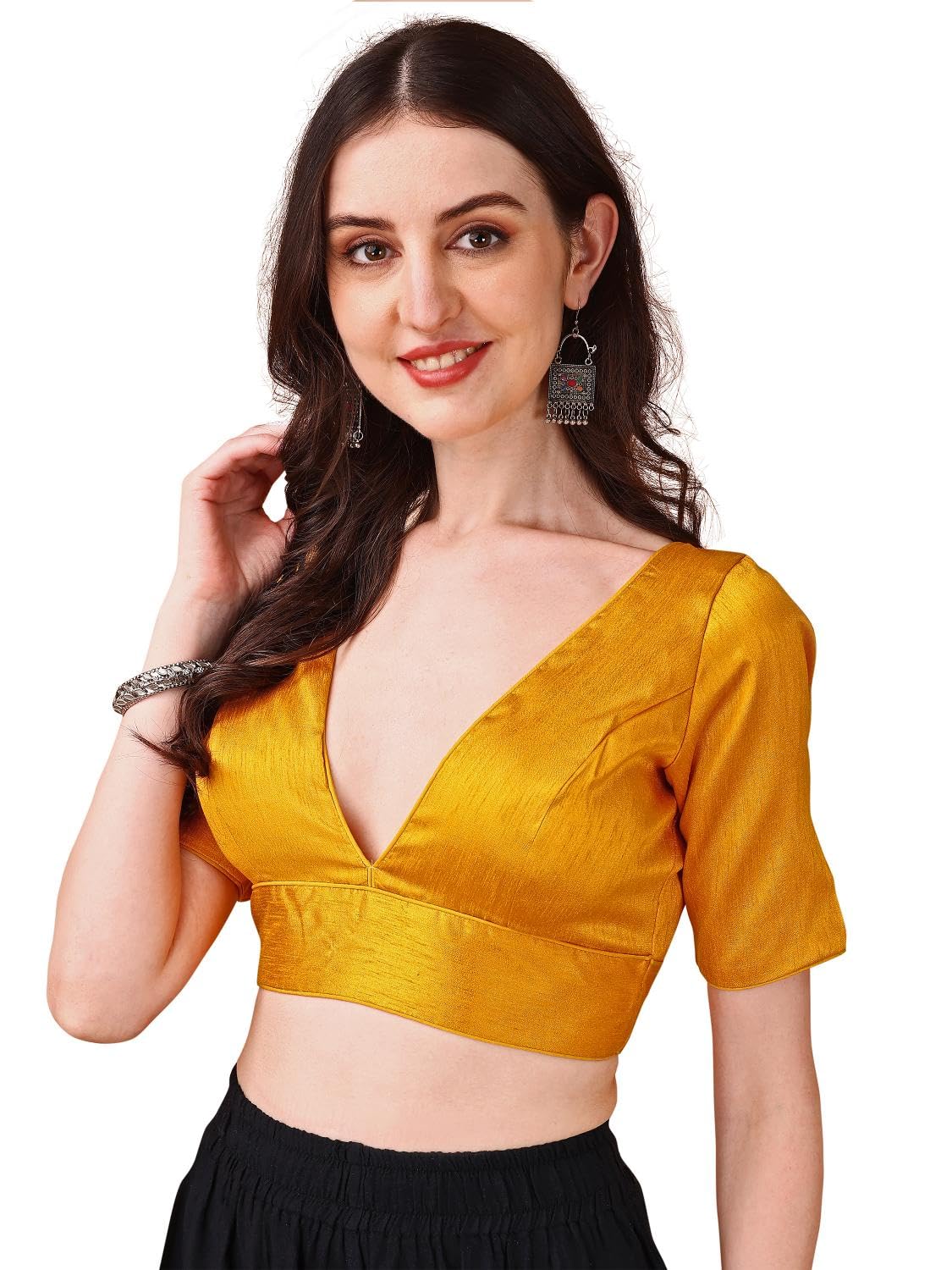 Womanista Silk Women's Dupion Solid Short Sleeve Regular Fit V Neck Blouse (Bl_69_Mustard Large)