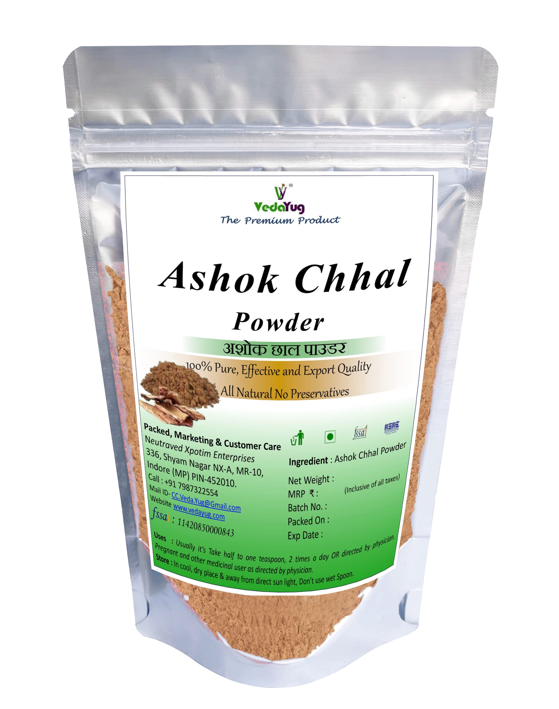 VY VedaYug Ashoka Bark Powder, 100g | Ashoka Chaal (Saraca Indica) Asoca Chhal Powder Pure and Organically Processed Fine Powder | Food-Grade Stand-Up Zipper Pouch - 100g