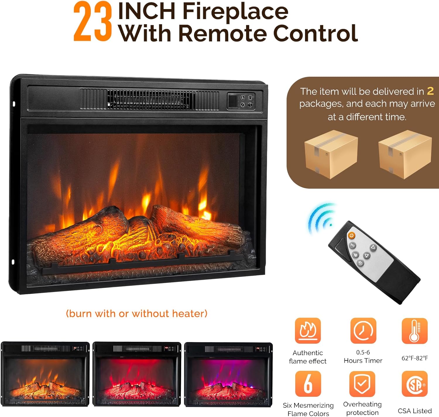 VINGLI Fireplace TV Stand for up to 70 inch TVs, Fluted Entertainment Center with Electric Fireplace Heater & Adjustable Shelves & Open Cabinet, Fireplace Media Console Table for Living Room, Walnut Walunt 58”W x 13.58“D x 32”H