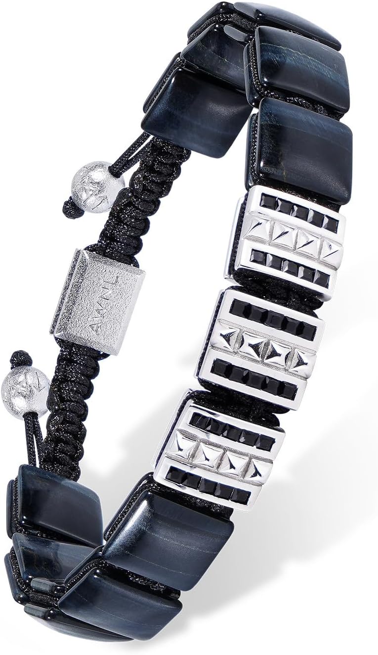 AWNL Men's Flatbead Bracelet with Sterling Silver Centre Charm Braided Bracelet Natural Gemstones Gift for Men (9.5mm Stone), 5.7"-7.5"