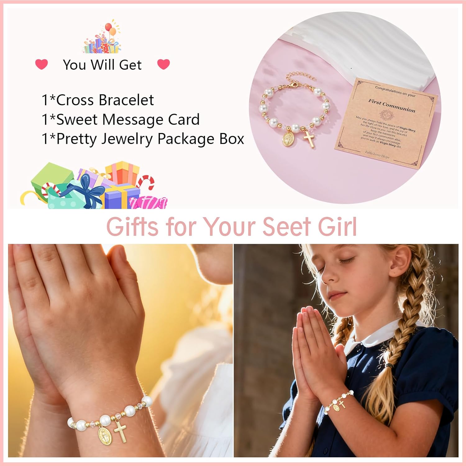 Easter Basket Stuffers - Catholic Gifts Virgin Mary Cross Rosary Pearl Bracelet for Girls Women Confirmation First Communion Baptism Religious Christian Jewelry Gift - Image 6
