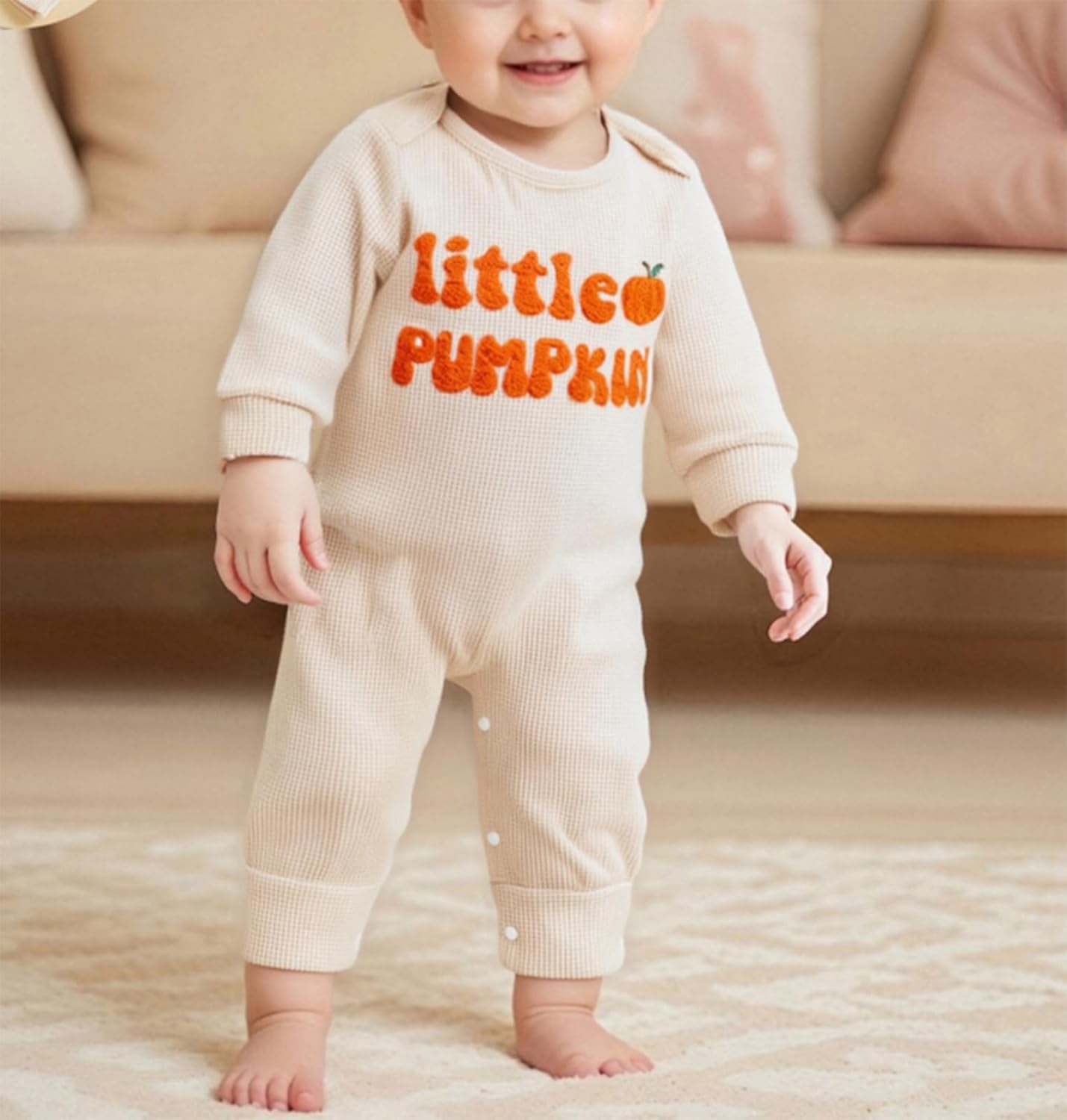 Karuedoo Newborn Baby Boy Halloween Outfit Little Pumpkin Embroidered Waffle Knit Romper Jumpsuit with Hat Coming Home Outfit - Image 3