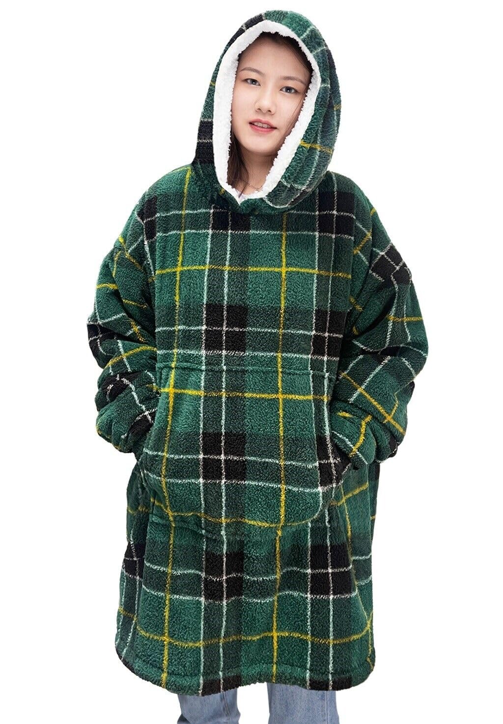 Oversized Wearable Blanket Hoodie, Teddy Fleece Fluffy Sherpa, Printed Hooded Sweatshirt Blanket Pullover, Giant Hooded (Tartan Green)