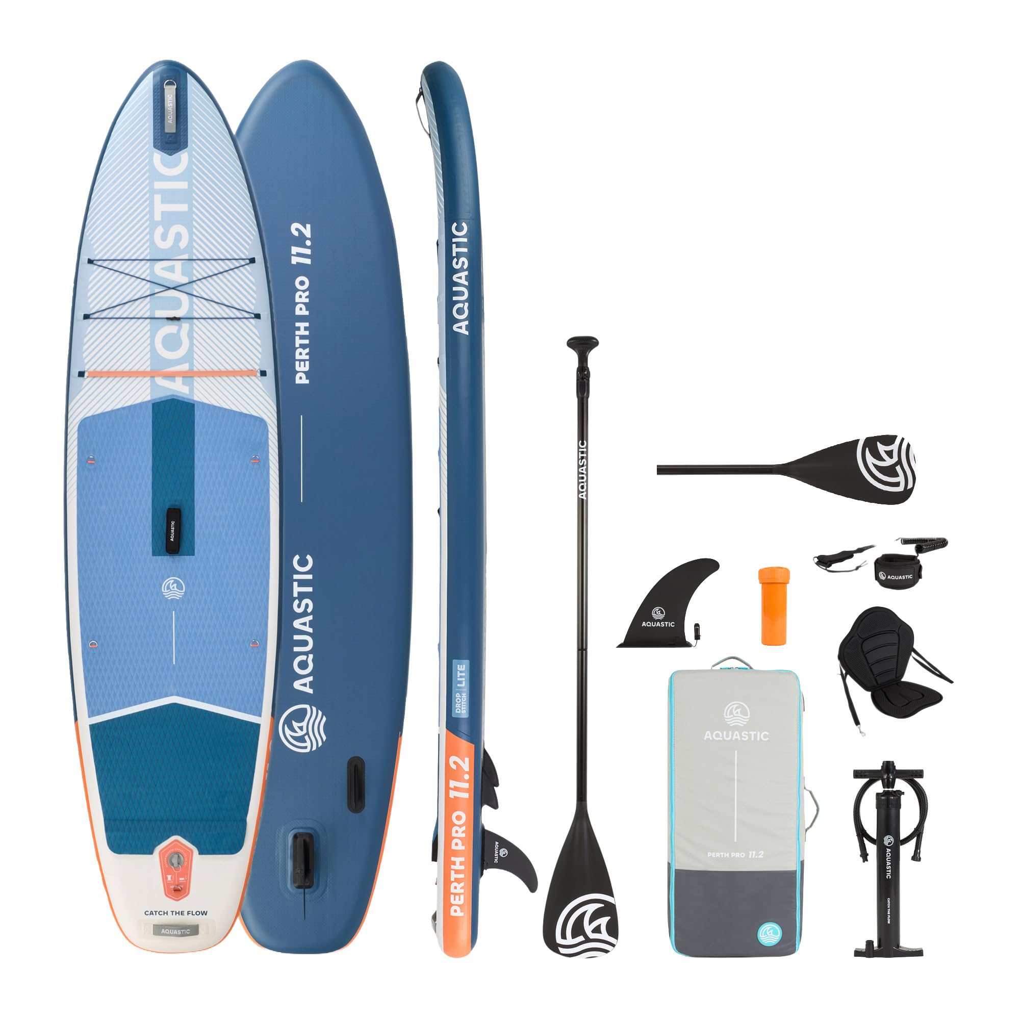 AQUASTIC SUP Board Perth Pro 11'2" - Robust and Lightweight (9 kg) Drop Stitch Lite Construction, 165 kg Load Capacity, 4 D-Rings, Paddle Holder, Bungee Cargo, Leash 300 cm, Backpack 45 x 25 x 92 cm