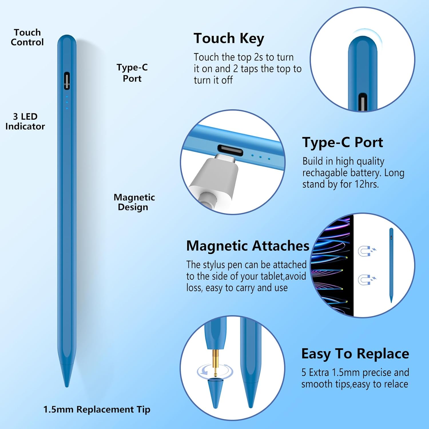 Stylus Pen for iPad 2018-2025 with Palm Rejection,Faster Charge,Tilt Sensitivity iPad Pencil Compatible with A16/10th/9th/8th/7th/6th,Pro 11/13in (M4),Air M3/M2/5th/4th,Pro 11/12.9in,Mini 6/5 (Blue) - Image 5