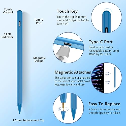 Miniatura 5 de Lápiz táctil para iPad 2018-2025 con rechazo de palma, carga más rápida, sensibilidad de inclinación, lápiz iPad compatible con A1610th9th8th7th6th,