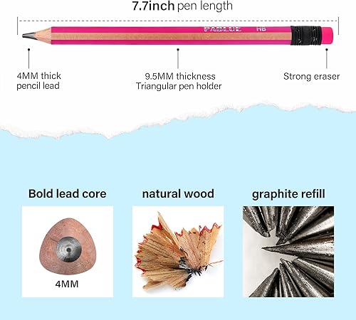 Miniatura 2 de Lápices HB preafilados triangulares gruesos, fuertes, lápices de madera jumbo con borrador para principiantes, escritura, dibujo, niños, arte,