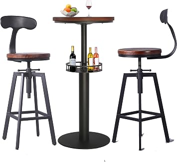 3 Piece Bar Set Industrial Style Adjustable Height Dia 19.7" Black Double Layer Bar Table and 2 Stools with Iron Backrest for Kitchen, Pub, Bistro