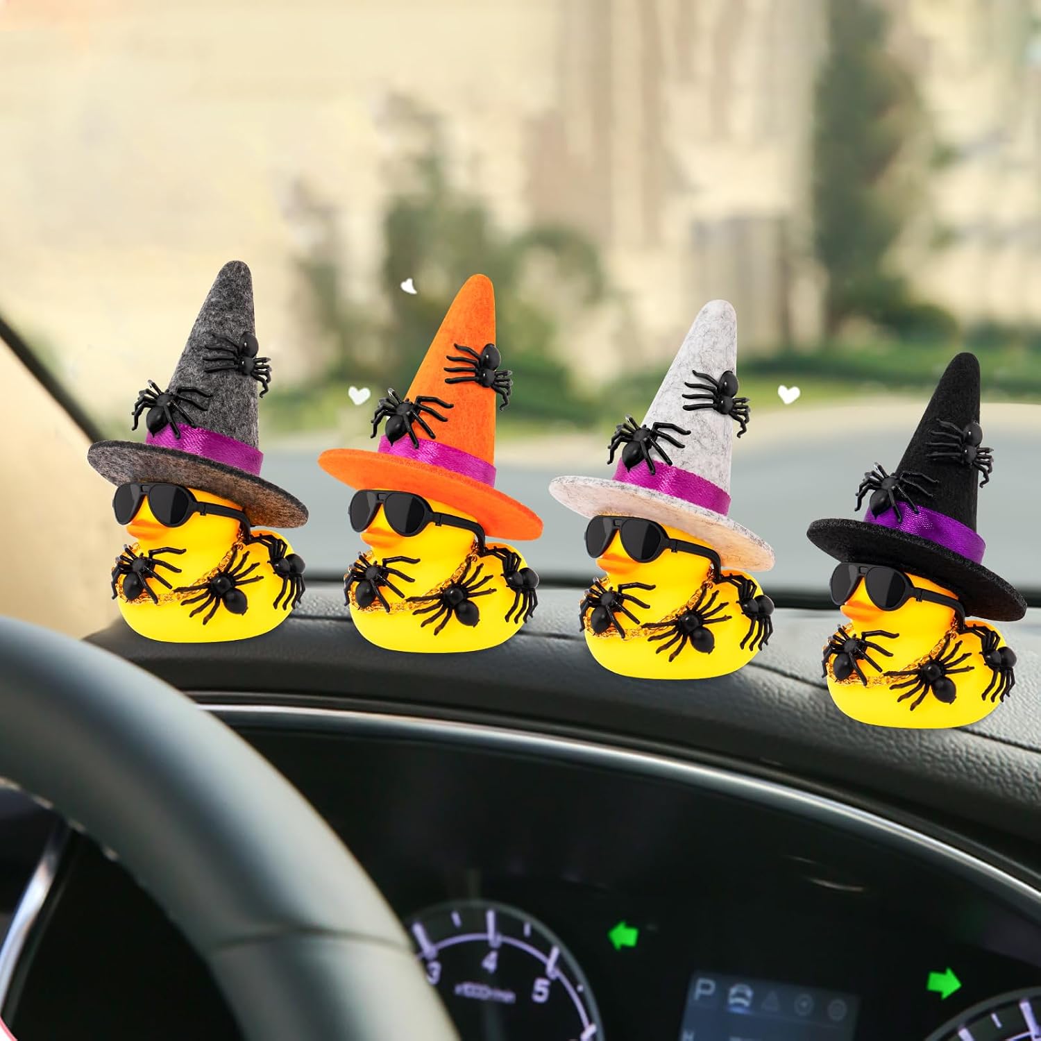 wonuu Spiders Rubber Ducks for Halloween, Car Dashboard Decorations Duck for Office Desk Ornament Accessories with Witch Hat Glasses Chain Spider (Orange)