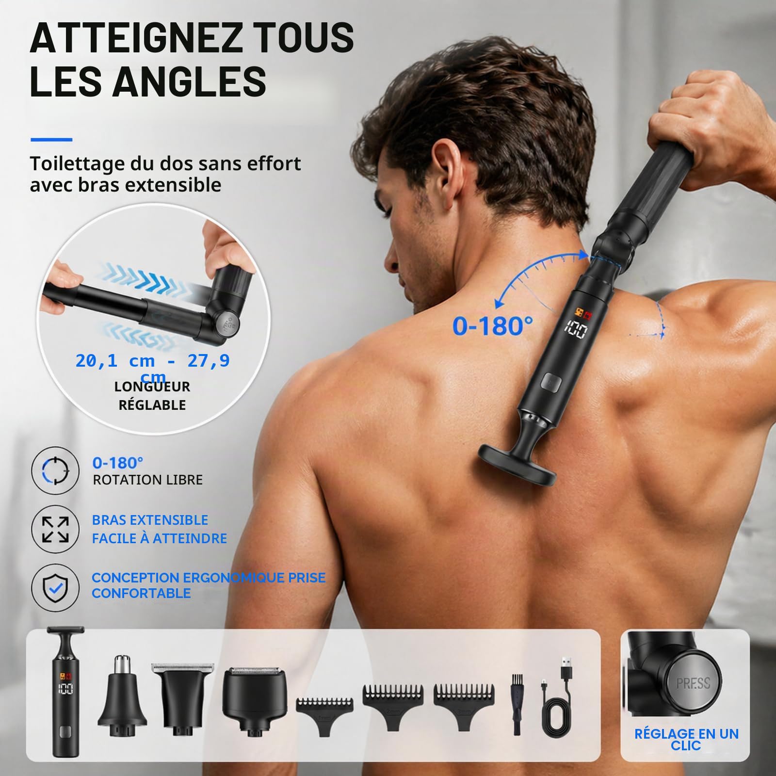 Rasoir de Dos pour Hommes, Tondeuse Corps Homme Kit 5 en 1 avec Bras Auxiliaire Extensible Étanche, pour le Dos, la Poitrine et les Épaules (A)