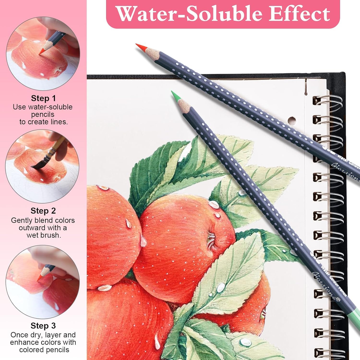 Roseelf Crayons de couleur, ensemble aquarelle (12 couleurs/24 couleurs/36 couleurs/48 couleurs/72 couleurs/120 couleurs), soluble dans l'eau, crayon, fournitures d'art, 1 papier aquarelle A5, écoles