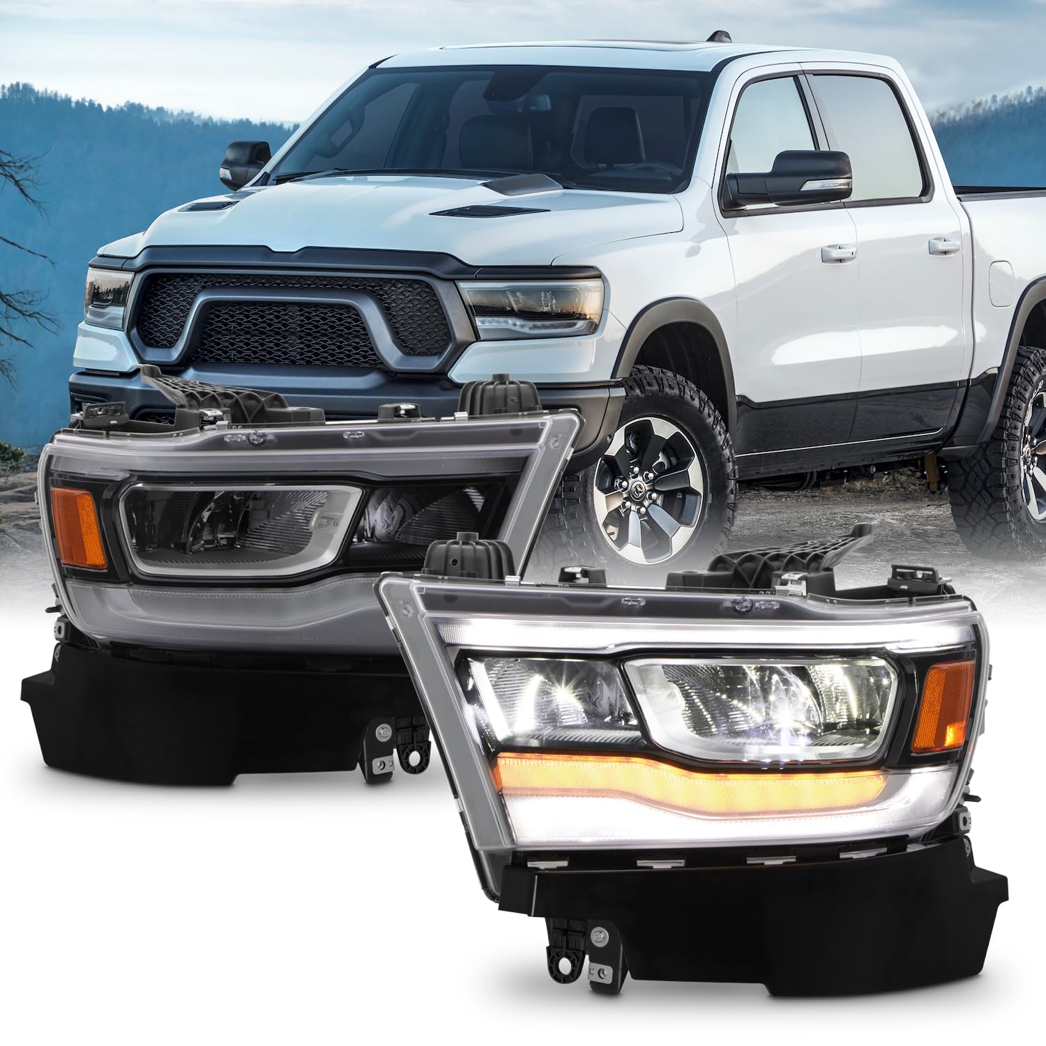 AKKON - Fits 2019-2023 Dodge Ram 1500 Chrome Bezel Style [FULL LED] Headlights Pair Driver+Passenger w/Tube DRL Signal