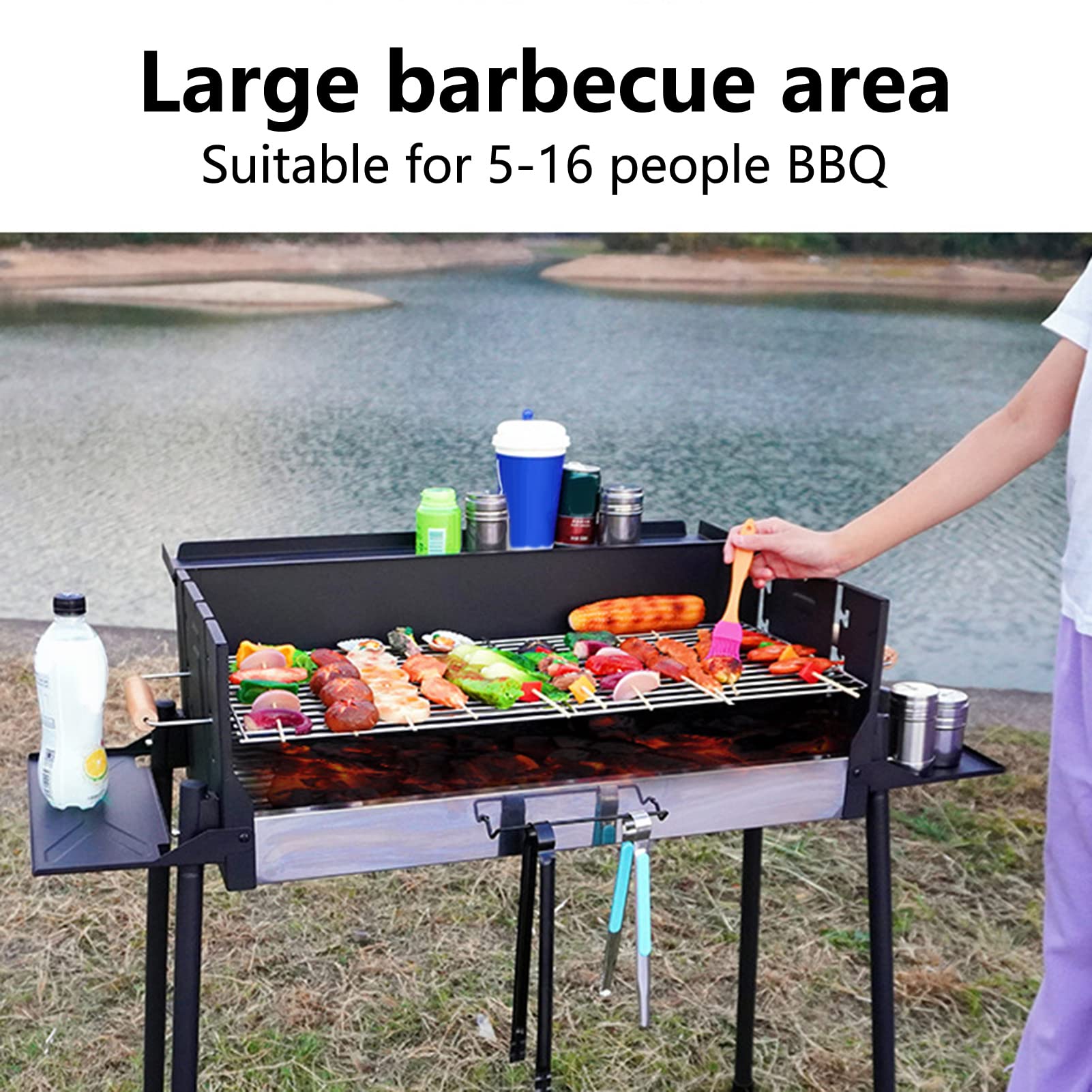 Składany grill węglowy z bocznymi półkami, metalowy grill z osłoną przed wiatrem, grill ogrodowy, 103 x 44 x 83 cm, przenośny grill węglowy z uchwytami i przestronną powierzchnią do gotowania (czarny)