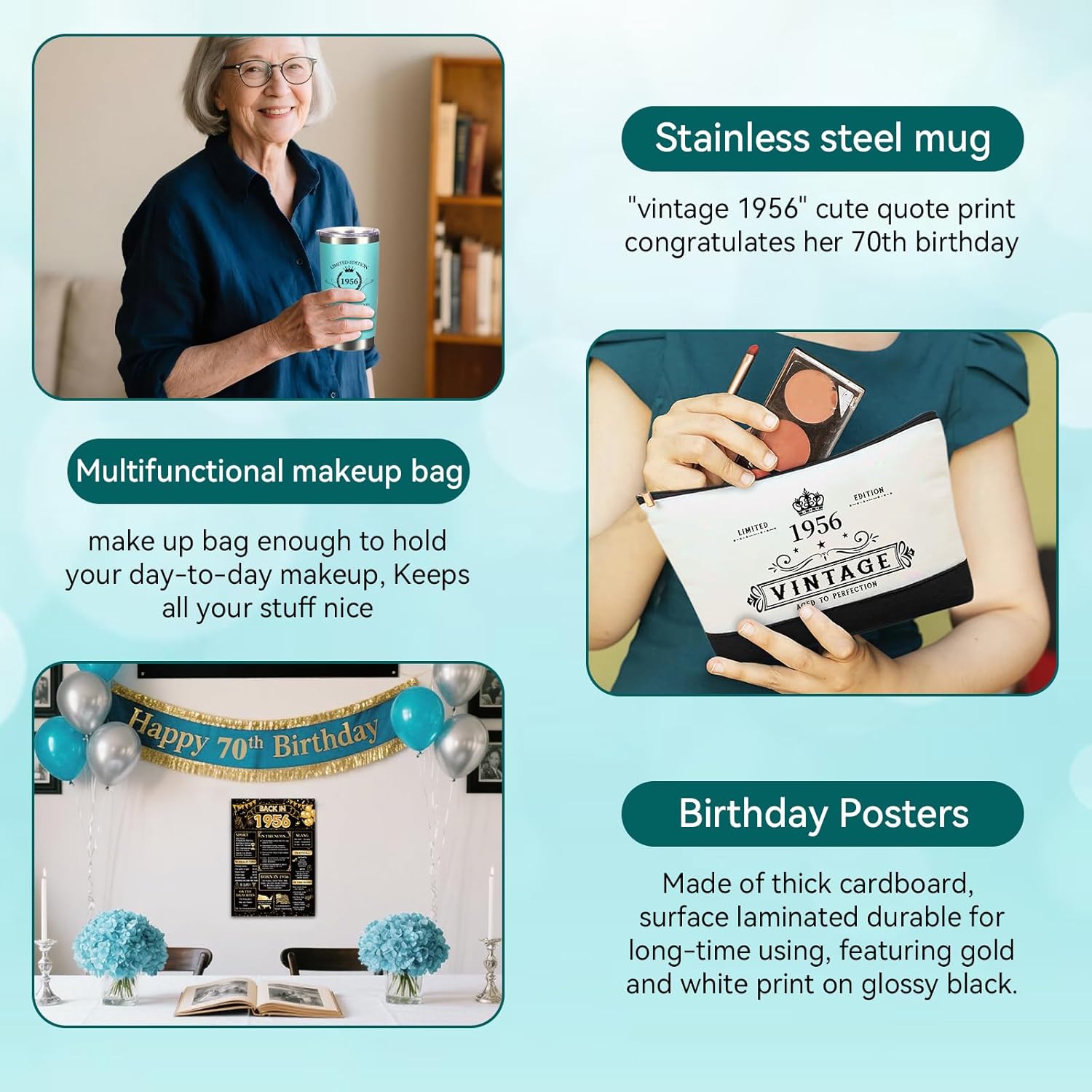 70th Birthday Gifts for Women Her- 4 pcs, Turning 70 Year Old Gifts, Decorations Canvas Beach Tote Bag & Makeup Bag, Unique Happy 70th Present for Her Mom Wife Friends - Image 7